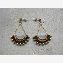Textile Half Circle Dangle Earrings . SemiCircle Brass Chain EarStud .  Micro Macrame . Modern Fiber Jewelry . Design by .. raïz ..