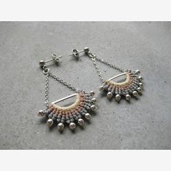 Half Circle Macrame Earrings . Silver Stud Beads & Chain . Pastel Fiber Jewelry . Fan Earrings . Long Dangle Earring . Design by .. raïz ..
