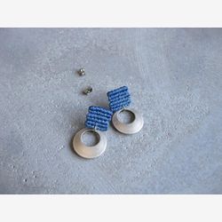 Blue Textile Stud Earrings . Fiber + Metal Geometric Earrings . Circle + Square . Dangle Drop Post Earrings . Macrame Jewelry . by ..raïz..