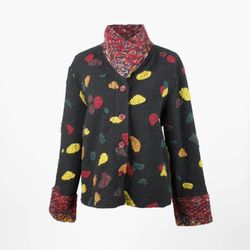 Women's short jacket in yellow jacquard wool with black and white polka dots