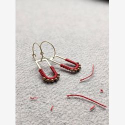 Red Earrings . Dangle Brass Hoop Earrings w/ Charm . Lightweight Earrings . Gold Beaded Earrings . Modern Macrame . Fiber Textile Jewelry