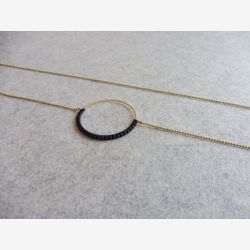 Black Circle Hoop Necklace . Round Brass Pendant . Minimalist Modern Macrame . Textile Jewelry . Crochet Fiber Jewelry . Design .. raïz ..