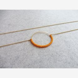 Circle Brass Hoop Pendant . Round Necklace . Yellow . Minimalist Modern Macrame . Textile Crochet Fiber Jewelry . Design by .. raïz ..