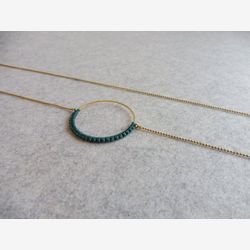Emerald Green Circle Brass Pendant . Round Hoop Necklace . Minimalist Modern Macrame . Crochet Fiber Textile Jewelry . Design by .. raïz ..